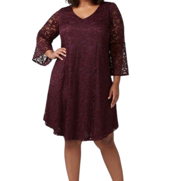 Lane Bryant Plus Size 18/20 Burgundy Lace Dress Lined 3/4 Sleeve A-Line Nigthout - Picture 1 of 9